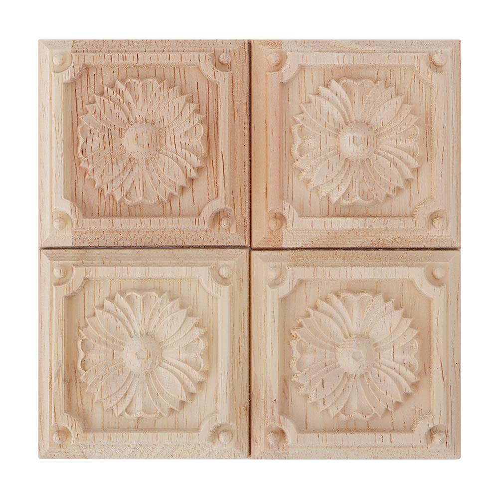 YUMILI 4PCs Carving Checkered Applique Unpainted Decal Natural Wood Appliques Square Flower Carving Decals Decorative Wooden Craft for Furniture Decoration 6x6cm