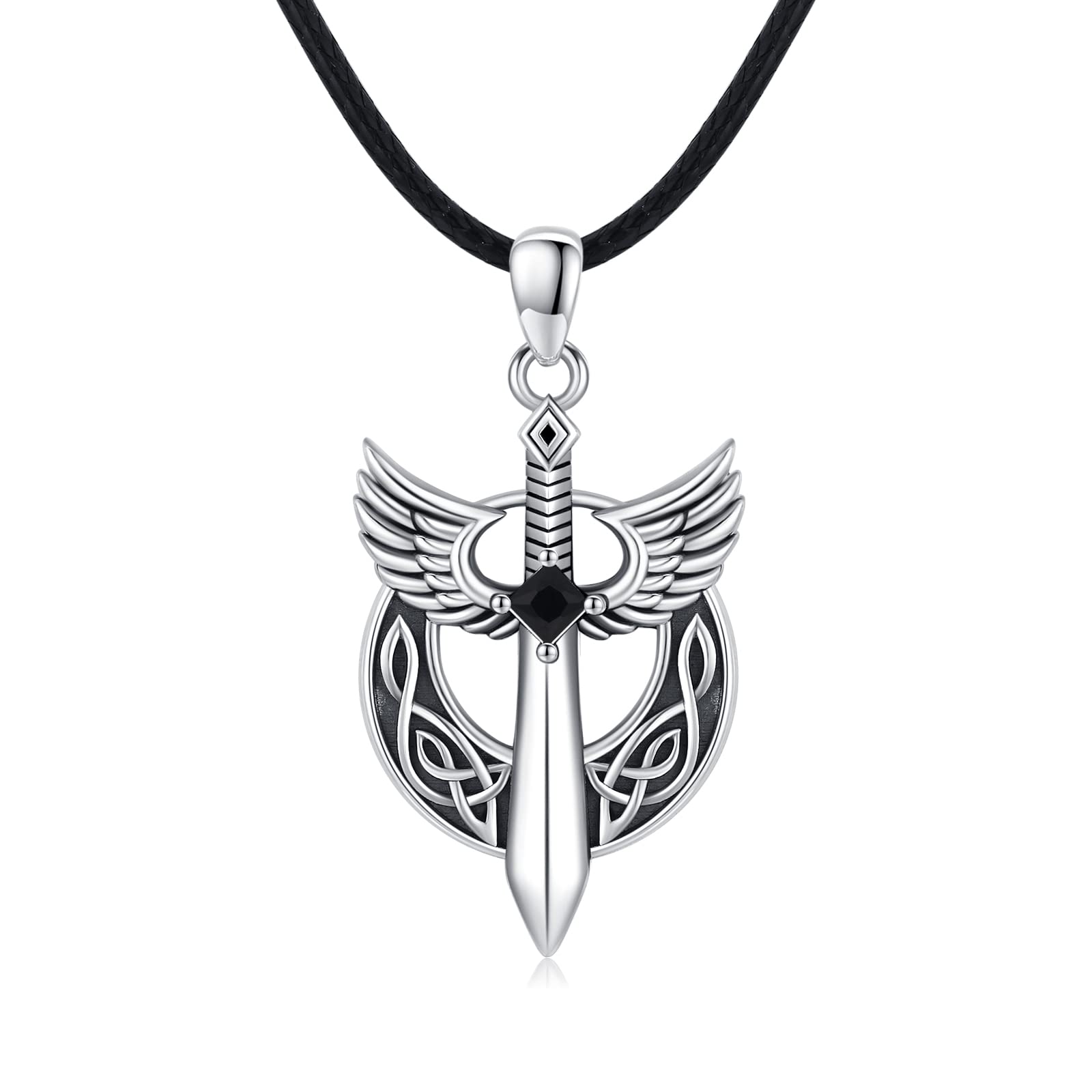 Waysles Celtic Knot Sword Necklace 925 Sterling Silver Archangel Michael Sword Pendant with Black CZ Retro Men's Jewellery Gift