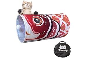 Dsumky Cat Tunnel with Fish Design, Plush Toy Ball, Easy to Clean, Collapsible, Hide & Seek Play, Self-Entertainment Toy (Radiant Red, S (17.72 x 9.84 inch))