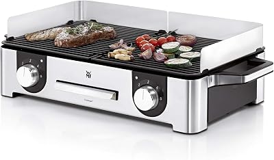 Lono Master-Grill, Elektrogrill, 50x28 cm, Elektrogrill Tischgrill mit Windschutz und Auffangschale, Outdoorzertifiziert für Barbecue, 2 getrennt regulierbare Grillflächen, 2400 W, edelstahl matt