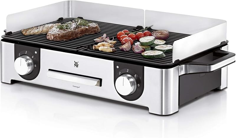 Lono Master-Grill, Elektrogrill, 50x28 cm, Elektrogrill Tischgrill mit Windschutz und Auffangschale, Outdoorzertifiziert für Barbecue, 2 getrennt regulierbare Grillflächen, 2400 W, edelstahl matt