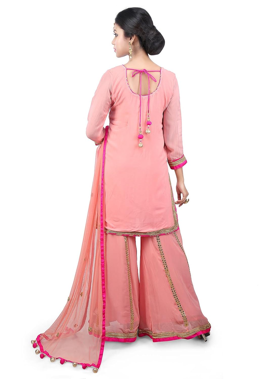 utsav fashion hand embroidered neckline georgette pakistani suit in peach