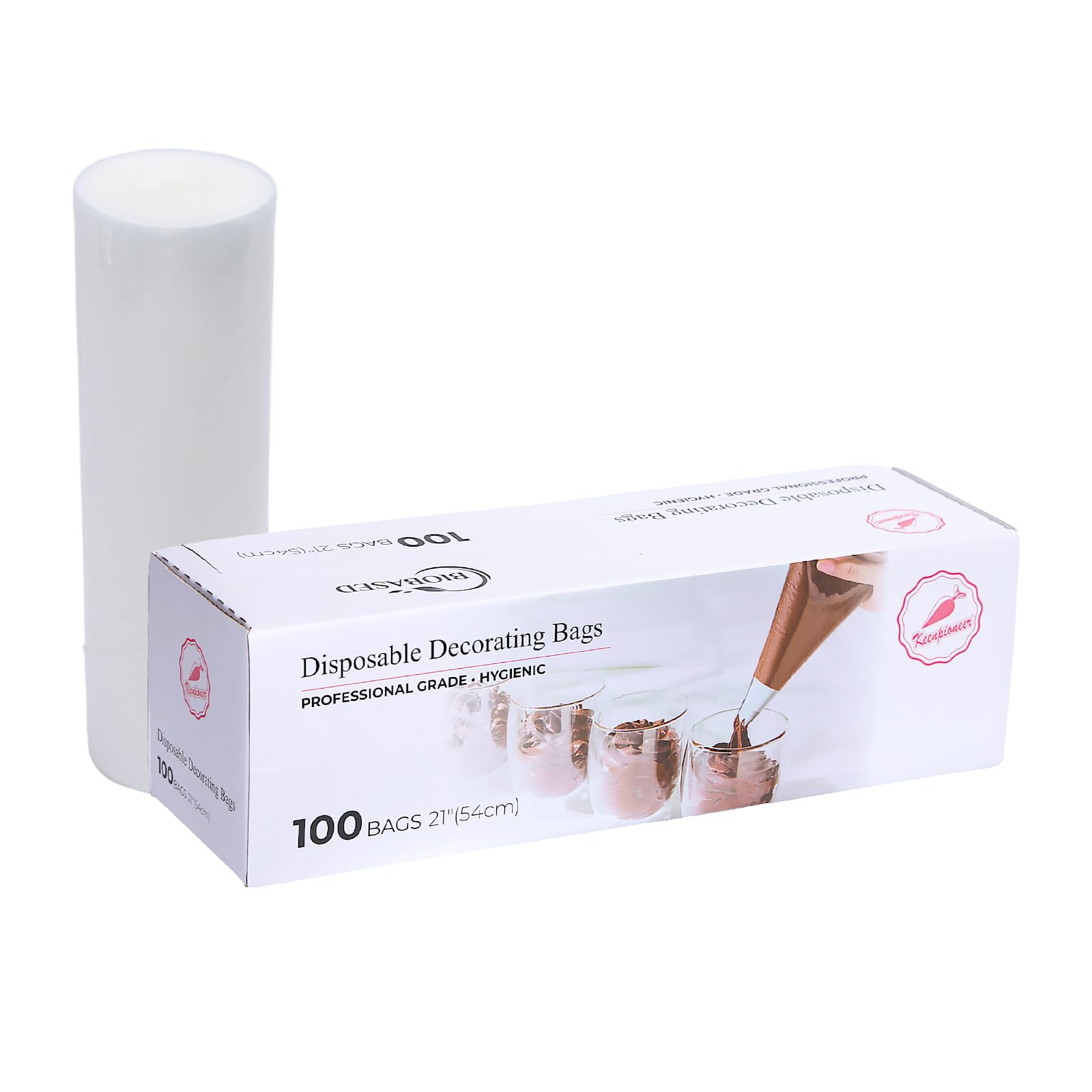 Photo 1 of Keenpioneer Disposable Piping Bags, Biobased, 21 Inch, Extra Thick Cake Decorating Pastry Bags, Pack of 100 in a Dispenser Box, Clear, Professional Grade for Chefs and Home Bakers