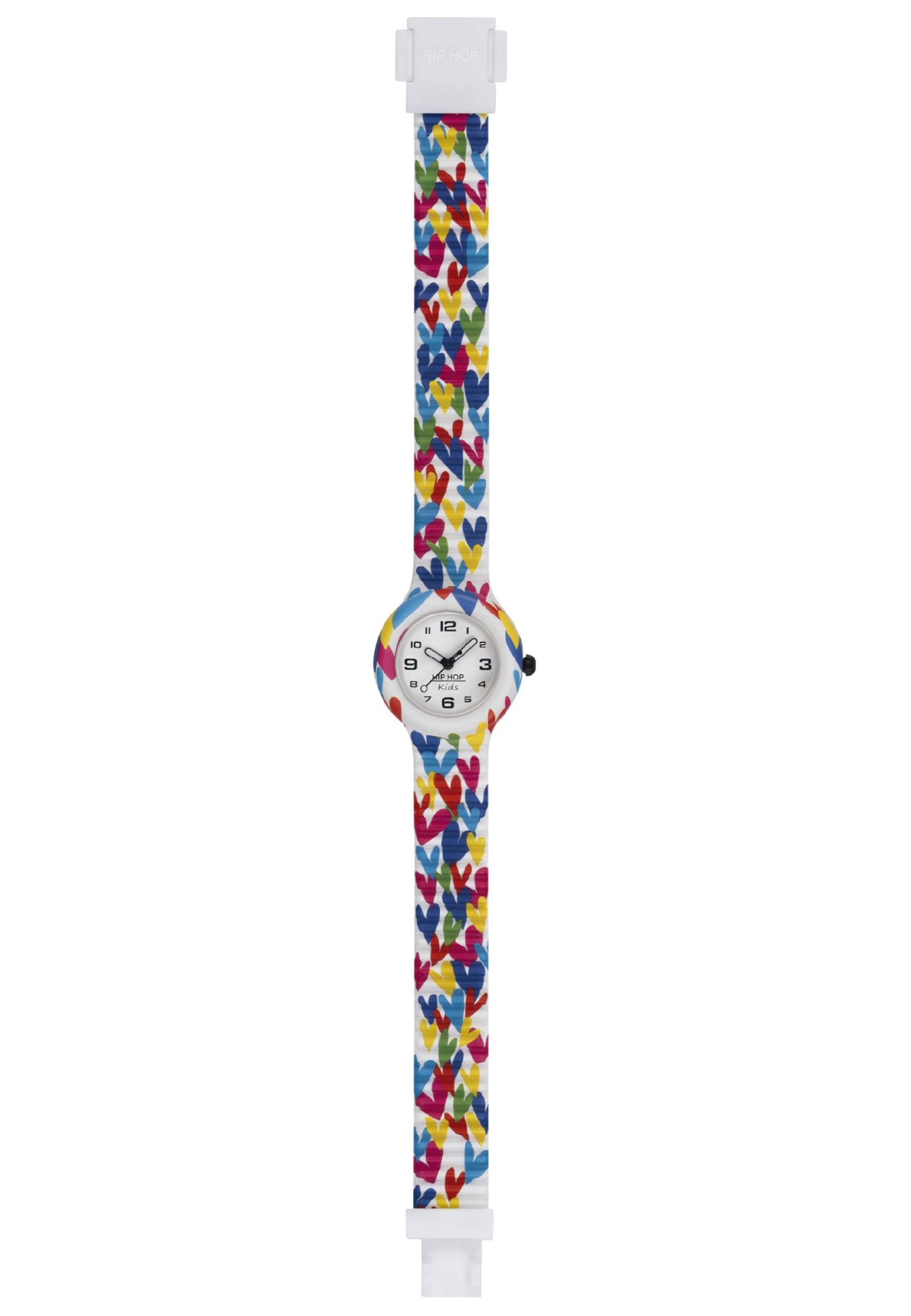 Hip Hop Kids Fun Bright Hearts Girls Watch, Time-Only Watch for Girls in White with Bright Colourful Hearts and Soft Silicone Wristband, Water Resistant, HWU0978