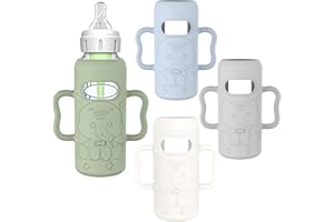 KingKam 4 Pack Silicone Sleeves for Dr. Brown's Glass Baby Bottles, Drop Protection Easy-Grip Baby Bottle Sleeves Holder with Handles, Compatible with Dr. Brown's Narrow Glass Bottles 8oz