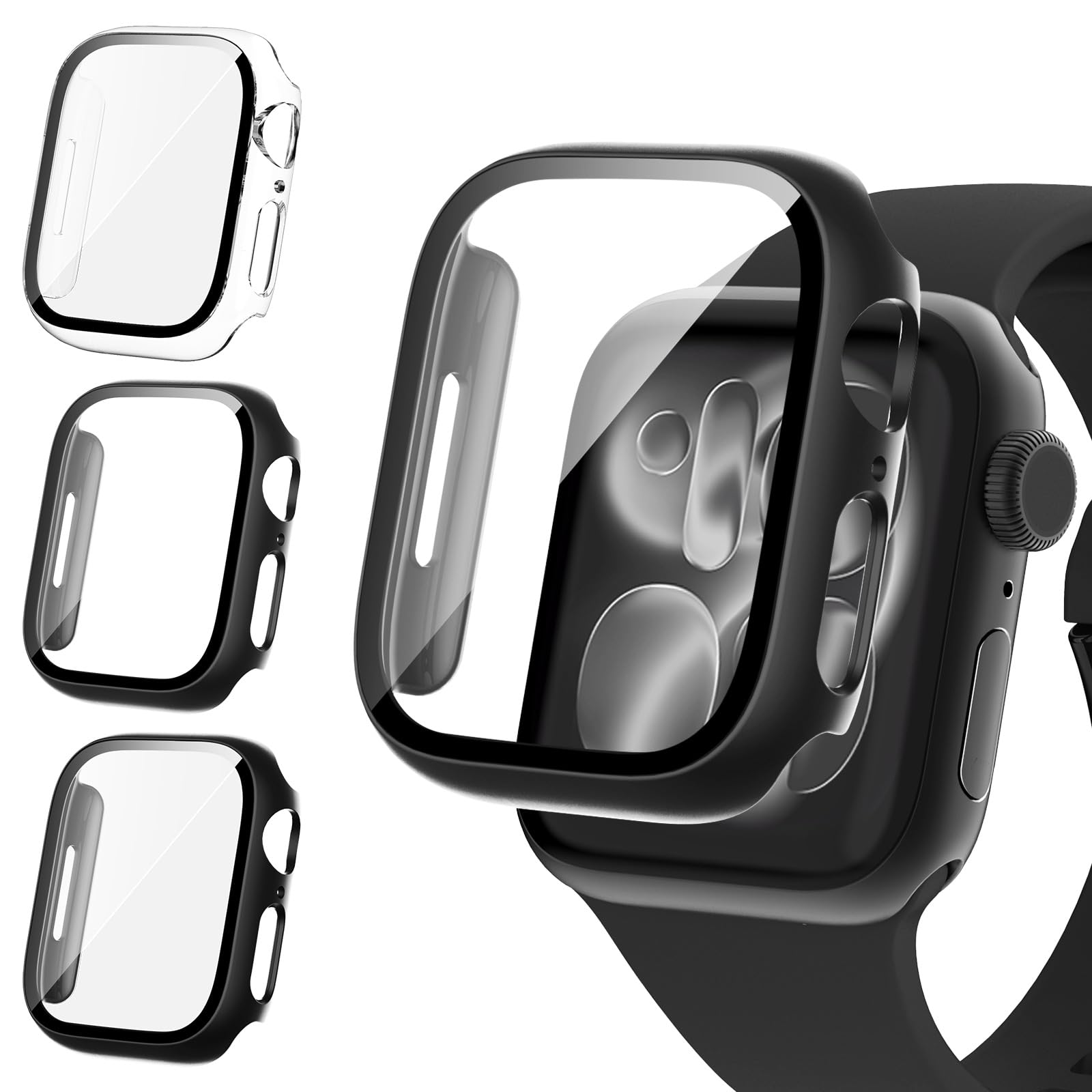 Fullife 3 Pack Screen Protector 41mm Compatible for Apple Watch Series 9/8/7 with 9H Tempered Glass,Overall Shockproof Cover Protective Case for iWatch 41mm(Black/Grey/Transparent) — image 1