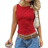 Women Polka Dot Tank Top Y2k Cami Shirt Sleeveless Vintage Crop Top Fairy Slim Fit Crew Neck Going Out Summer Top