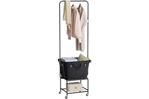 ELYKEN Laundry Cart with Hanging Rack, Rolling Laundry Hamper with Wheels, Laundry Basket with Removable Liner Bag and Shelf, Sturdy Metal Frame Dirty Clothes Basket for Hotel, Home, Closet, Dorm