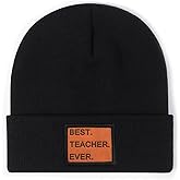 Qoyupuza Best Teacher Ever Beanie Hat, Soft Knit Winter Cap with Leather Patch, Teacher Appreciation Gift Black
