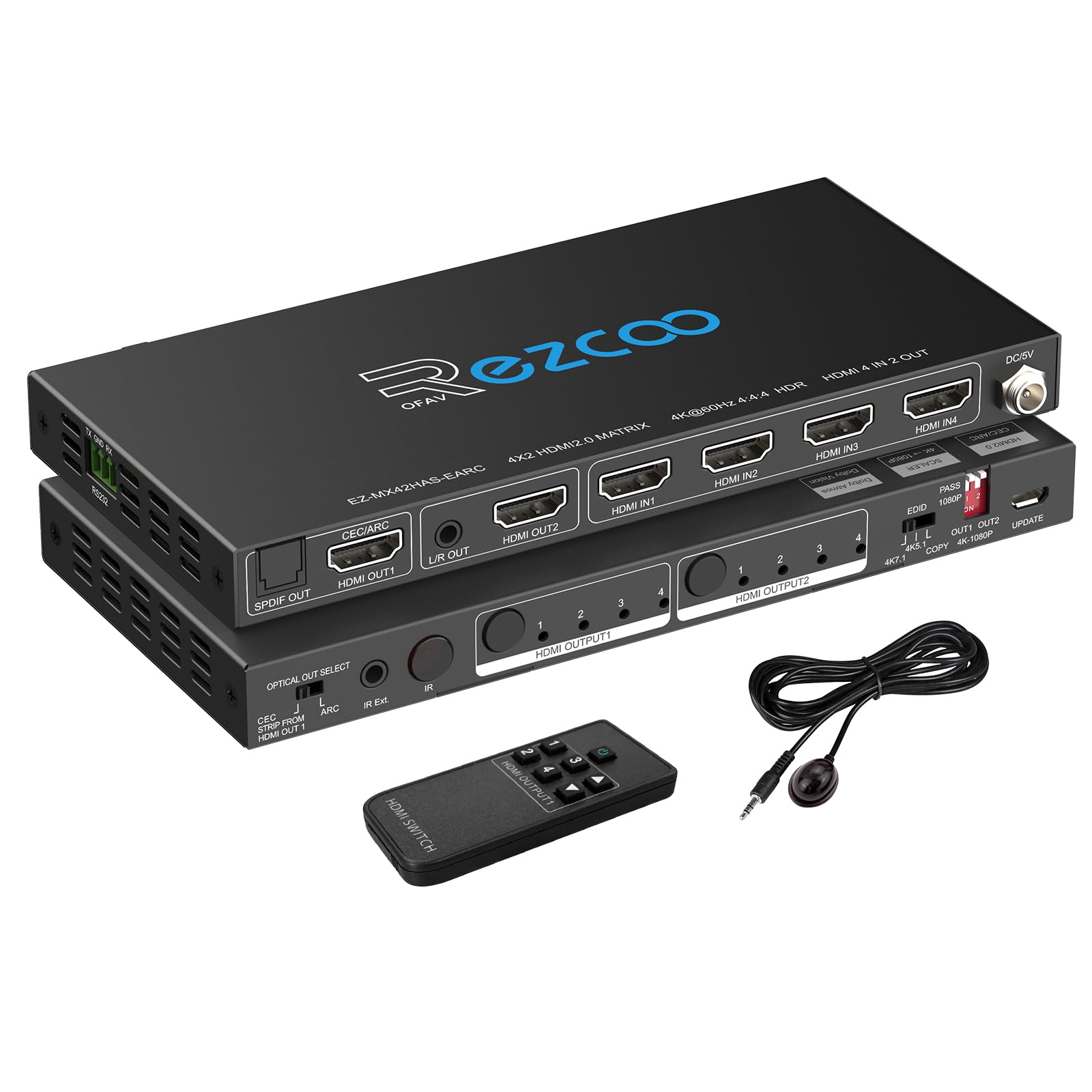HDMI Matrix 4 in 2 Out 4K 60Hz 4:4:4 ARC HDR D-olby Vision Atmos SPDIF 5.1CH Breakout 3.5mm Stereo HDCP2.2- PC Console 16 EDID HDMI Scaler 4K 1080P Sync, HDCP2.2 HDMI2.0 Matrix 4x2 IR Remote