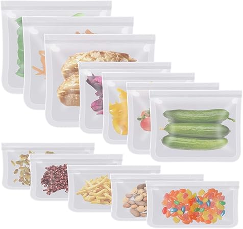 Aunus Bolsas Reutilizables para Almacenamiento de Alimentos,12 Piezas Bolsas Congelar Reutilizable,Bolsas Reutilizables para Fruta Sándwiches Verduras,1.5mm Súper Grueso Sello Sin BPA: Amazon.es: Hogar