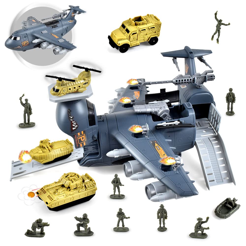 Innoocool Military Transport Cargo Airplane Car Toy Set with 4 Military Cars & 10 Army Men Figures for Combat Toy Imaginative Play, for Over 3 Years Old Boys and Girls(Need to Assembled)
