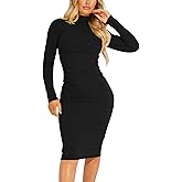 Kaximil Women's Ribbed Basic Casual Midi Dress Long Sleeve Bodycon Ruched Club Dresses