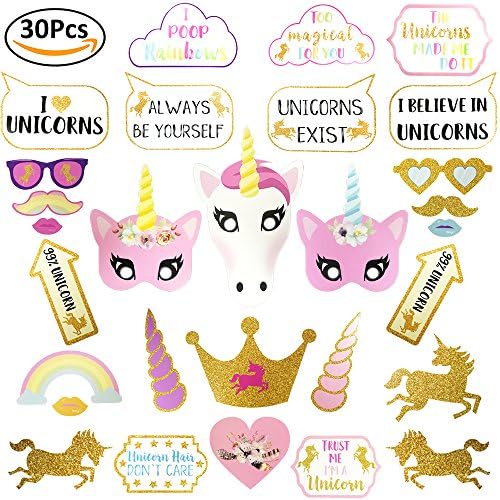 Finseng 30 Pcs Unicorn Rainbow Pegasus Photo Booth Props Kit for Baby Shower Kids' Birthday Parties