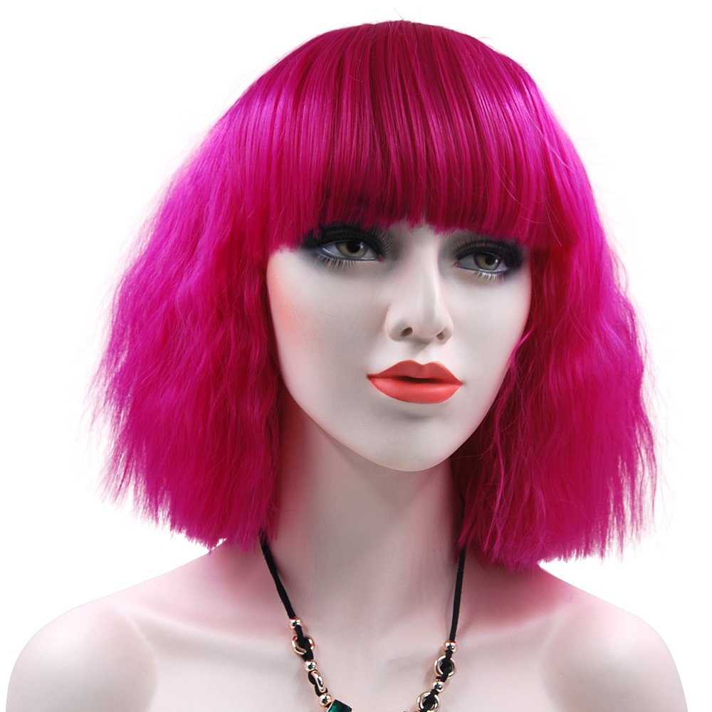 eNilecor Women Short Bob Fluffy Hair Full Wigs with Bangs Heat Resistant Kinky Straight Custom Cosplay Party Wigs (Rose Hot Pink)