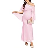 AISWI Cape Maternity Mesh Dress One Shoulder Maxi Mermaid Pregnancy Dress with Brooch Formal Baby Shower Photoshoot