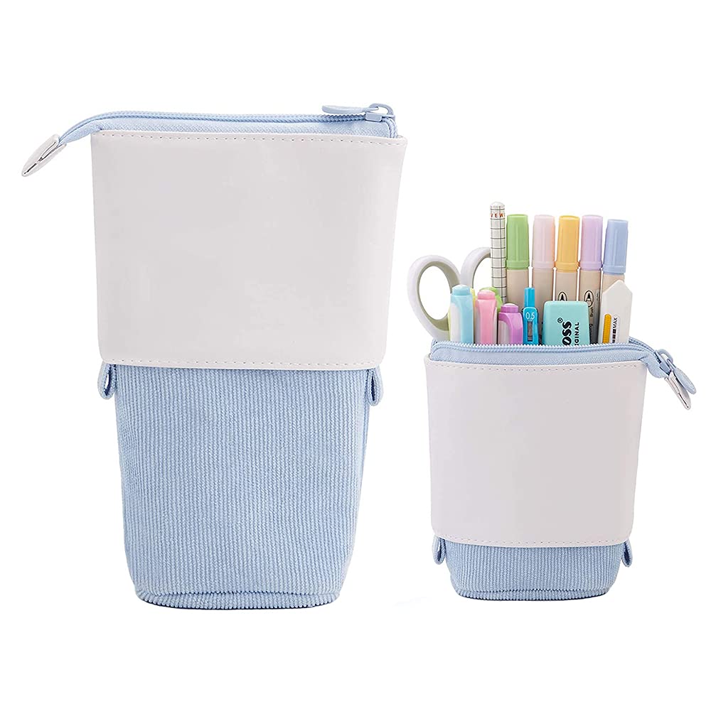 JZF Upright Pencil Case, Telescopic Pencil Holder, Stationery Pencil Bag, PU Corduroy Stand-up Pen Pouch Holder, Colorful Pen Organizer for Students Boys and Girls (Light Blue)