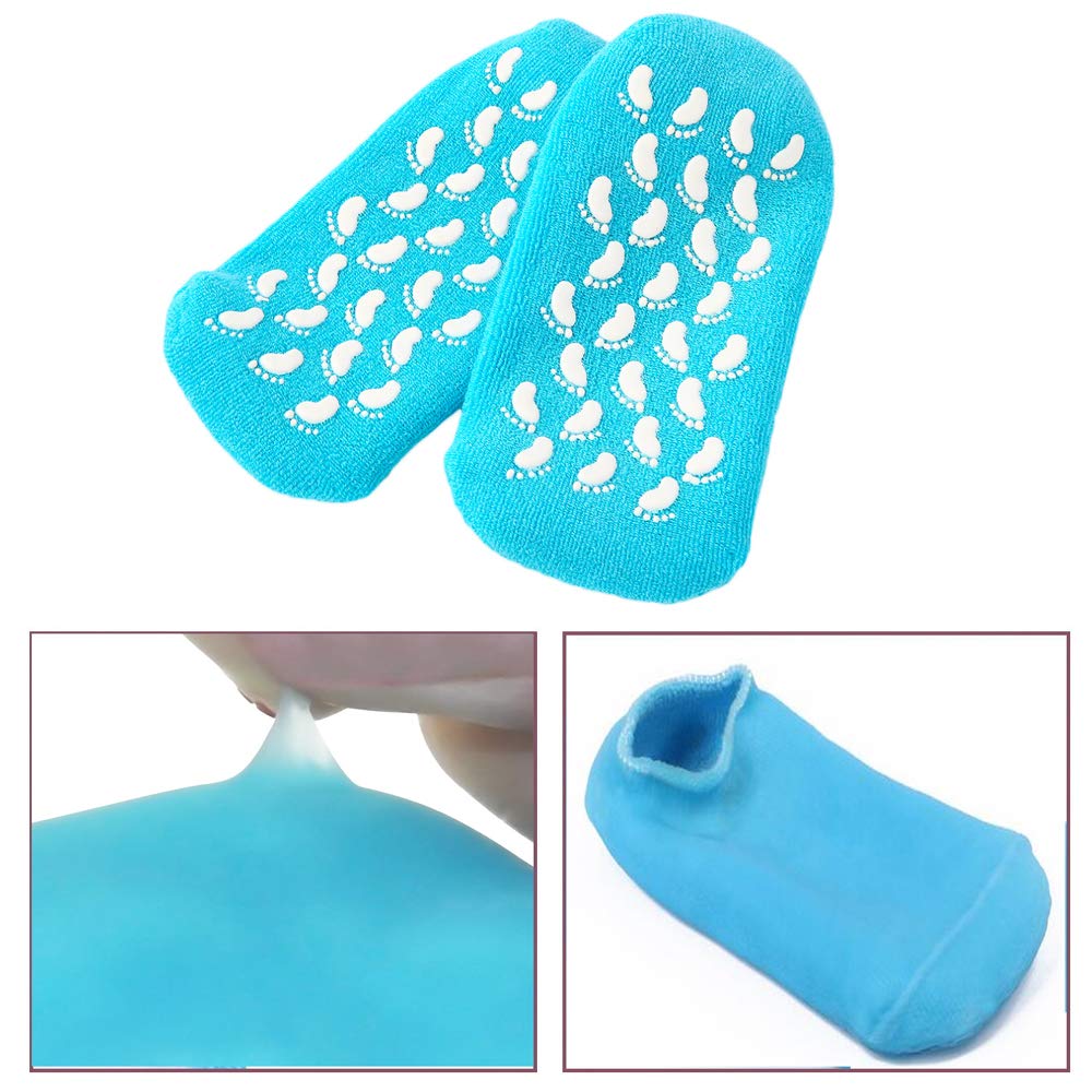 Pinkiou Moisturizing Gloves Socks Set Gel Spa for Moisturize Soften Repairing Dry Cracked Hands Feet Skin Care Silicone inside–Blue : Beauty