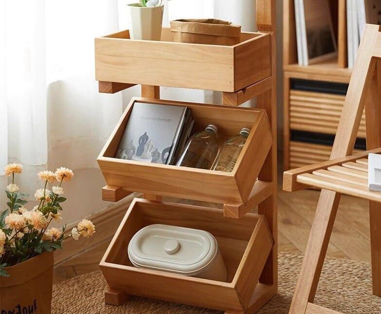 Fruit Basket for Kitchen, 3 Tier Fruit Basket, Bamboo Fruit Basket, Produce Storage, Fruit Holder, Fruit and Vegetable Storage for Potato, Onion, Bread and Snack.（Cherry color）