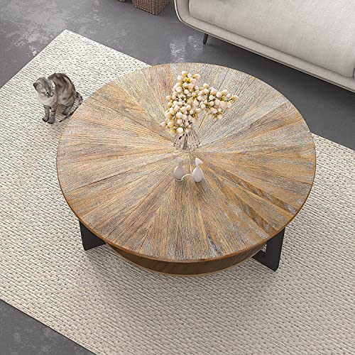 MCPRST Round Farmhouse Coffee Table for Living Room, Wood Round Coffee