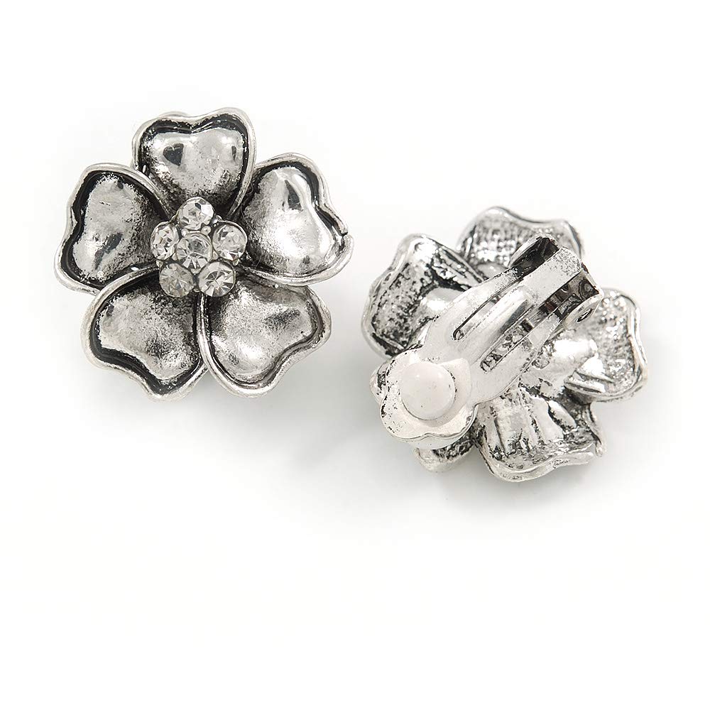 20mm D/Crystal Flower Clip On Earrings/Aged Silver Tone Metal/Vintage Inspired