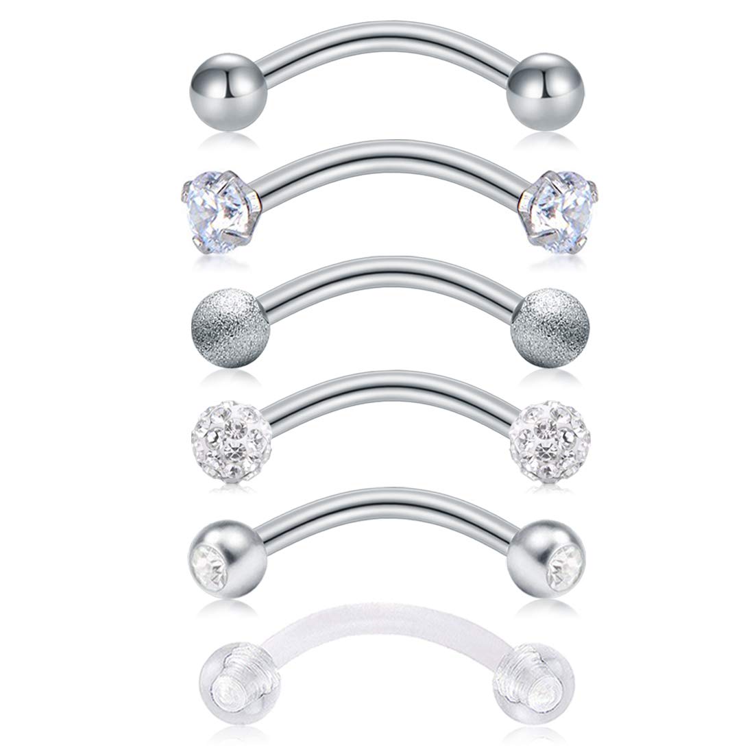 AVYRING Rook Earrings Piercing 16G Septum Ring Stainless Steel Curved Barbell Helix Tragus Cartilage Ear Piercing Jewellery 6PCS - Silver