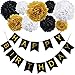 KUNGYO Happy Birthday Flag Bunting Banner and Set of 9 Tissue Paper Pom Poms Flowers Garland for Birthday Party Decorations (Black Banner Gold Letter)