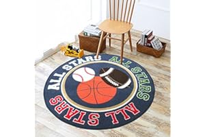 HUAHOO Kids Rug Round Fun Sport Rugs Lets Play Blue Childrens Rug Balls Print with Soccer Ball, Basketball, Football, Tennis Ball Bedroom Playroom Non Slip Bottom (39" Diameter Round)