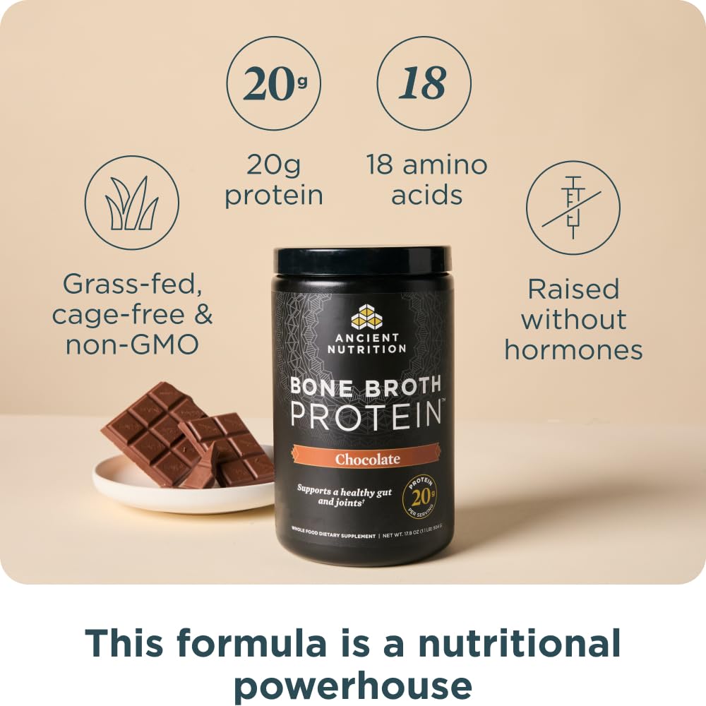 Ancient Nutrition Protein Powder Made from Real Bone Broth, Chocolate, 20g Protein Per Serving, 20 Serving Tub, Gluten Free Hydrolyzed Collagen Peptides Supplement, Great in Protein Shakes