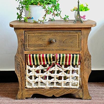 Jerry Maggie Nightstand Classic Countryside Dark Brown Wood Night Stand Storage Bedside Table With 1 Vine Weaved Basket 1 Drawer Real Natural Indus Wood Texture Amazon In Home Kitchen
