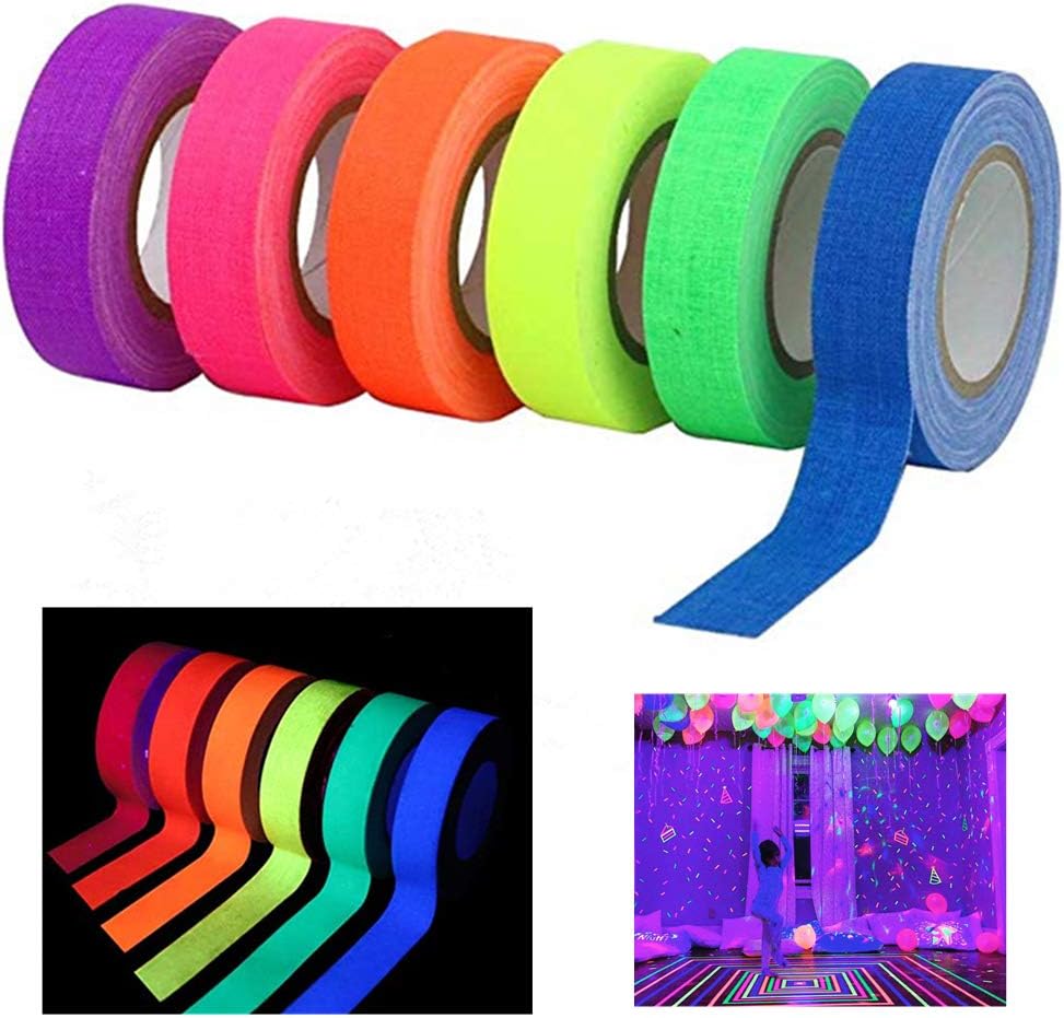 HopeWan UV Black Light Reactive Glow in The Dark Neon Gaffer Fluorescent Cloth Tape - Pack of 6