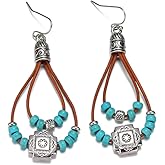 Todu Boho Earrings for Women Western Country Leather Rope Drop Dangle Flower Turquoise Nature Stone Beaded Earrings Vintage Ethnic Bohemian Jewelry