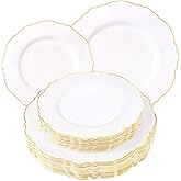 WDF 60pcs White and Gold Plastic Plates - Baroque White With Gold of 30 Heavy Duty Gold dinner plates 10.25inch, 30 Salad Plates 7.5inch Perfect for Weddings/Party/Birthday/Valentine's Days