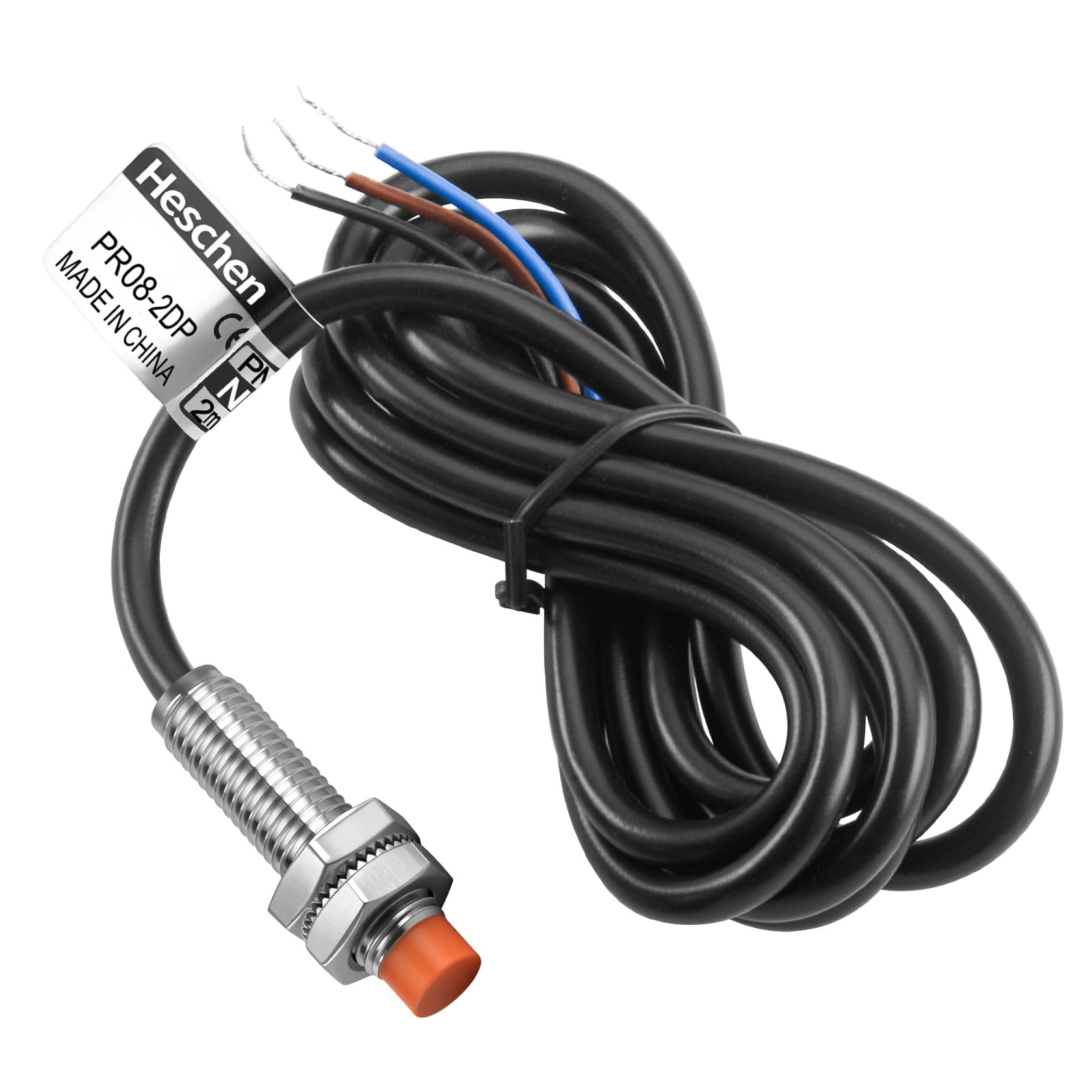 Heschen PR08-2DP 12-24V DC 3-Wire PNP NO Motion Detector Sensor, Sensing Diameter 8mm, 2mm Range, IP67 Protection, CE, -25 to 70℃ Temperature