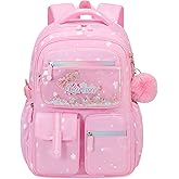 mygreen Cute Girls Backpack with Fluffy Ball Pendant- Large Capacity Water-Resistant School Bag for Ages 6-15 | Heavy-Duty Oxford Fabric | Gift-Ready for Primary to High School Pink