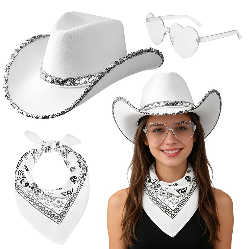 JynxtoyZeal Cowboy Hats Dress-Up Set, 3pcs Sequins Cowboy Hats with Bandanas and Glasses, Valentine's Day Gift - Western Fancy Dress for Hen Parties, Stag Dos, Carnival & Themed Events (White)