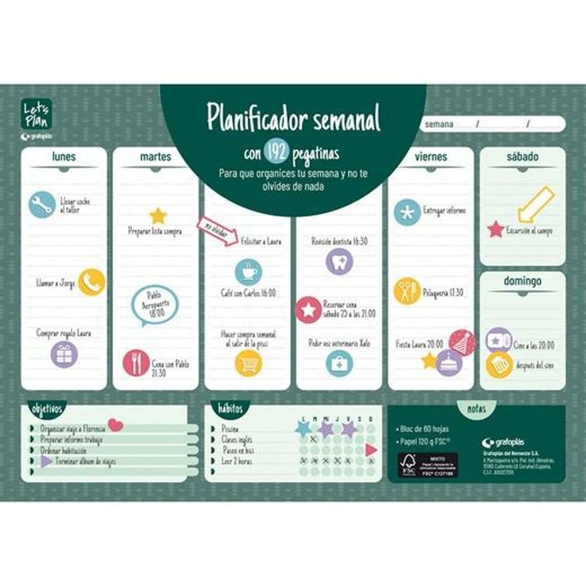Grafoplás, Catalan Weekly Planner Pad A3, Table Top, with 192 Stickers, 60 Sheets of Paper 120 g, FSC Certified, 42 x 29.7 cm, Printed in 2 Green Tones Inks