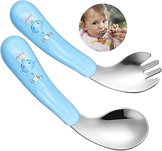 cococity Baby Löffel Gabel Set Edelstahl Gebogen Fütterlöffel mit Kaninchen 13x3cm Esslernlöffel mit Elefant Babylöffel Kinderbesteck (2 Stück)