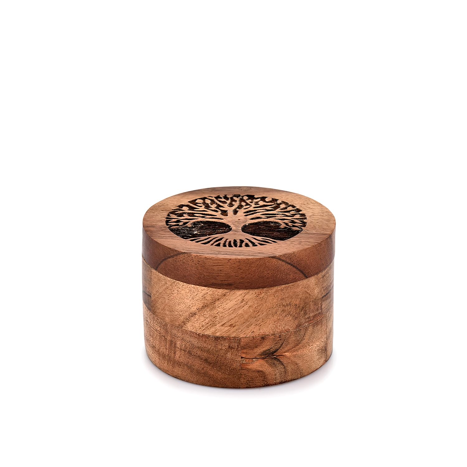 EDHAS Acacia Wood Spice Cellars Box with Lid for Kitchen, Countertop, Round Storage Box for Spices (8.89cm x 8.89cm x 6.35cm)