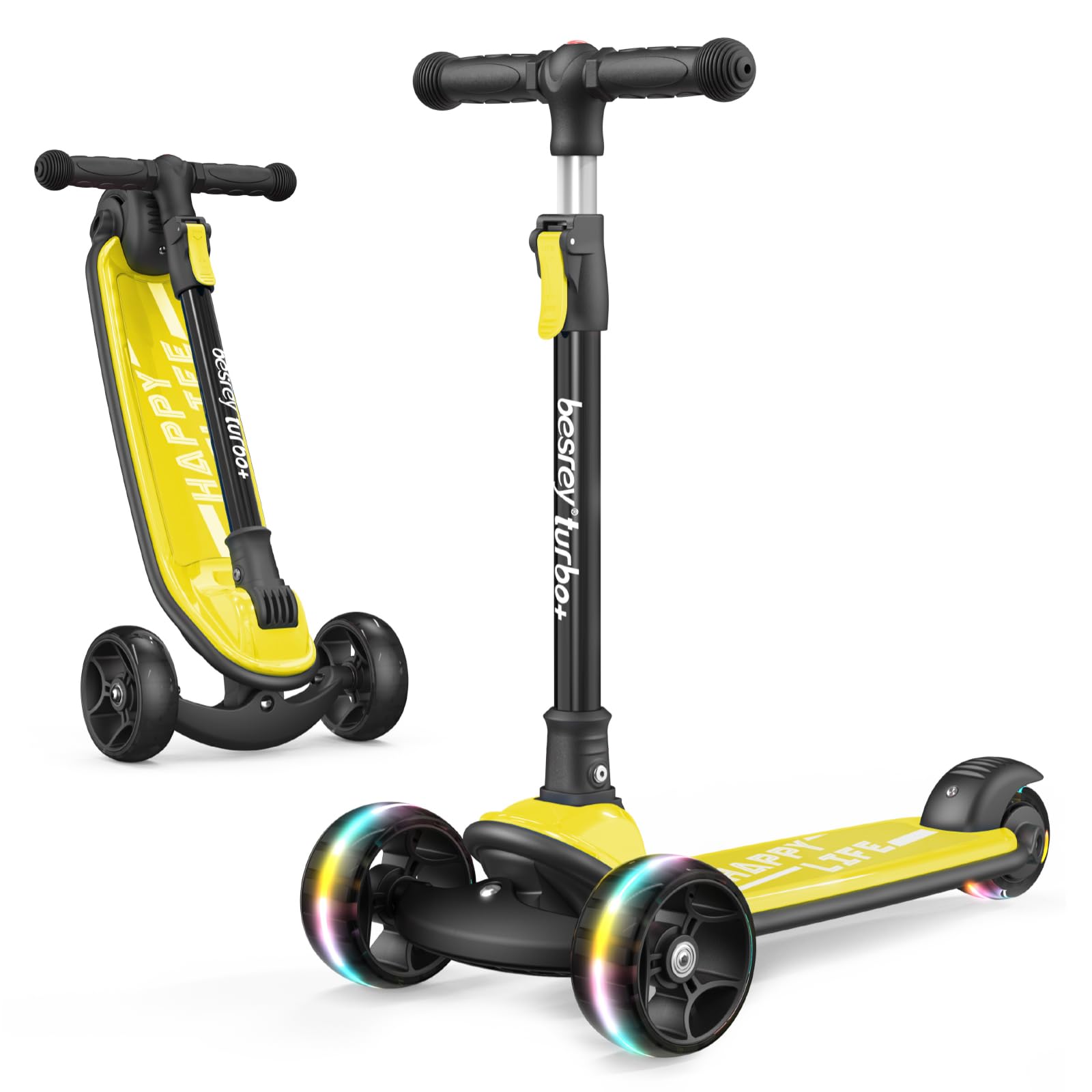 besrey Kids Scooter - Big Wheels Foldable Kick Scooter with Flashing LED Lights for Boys Girls, 4 Levels Height Adjustable, 3 Wheel Scooter for Kids Ages 2-10 with Safe Lean to Steer Design