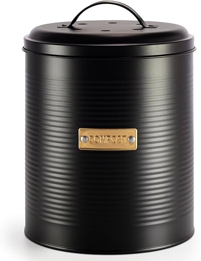 EHC Compost Bin with Lid 3.6 L Galvanised Steel Black Kitchen Countertop