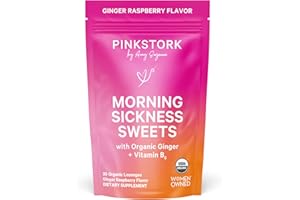 Pink Stork Morning Sickness Sweets, Organic Raspberry Ginger Candy with Vitamin B6, Support for Motion Sickness, Prenatal Heartburn - Pregnancy Must Haves - 30 Wrapped Drops