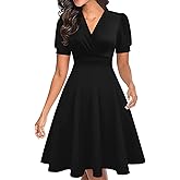 YIQ8 Women's Summer Casual Dress Short Sleeve Wrap V-Neck A-Line Dress Sundress Wedding Guest Cocktail Midi Dresses