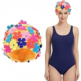 Veemoon Women Floral Swim Cap, Retro Faric Flower Petal Bathing Cap Fashionable Swimming Hat with Three-Dimensional Flower and Rhinestones for Lady Girls Long/Short Hair Bathing SPA Swim Party Gift