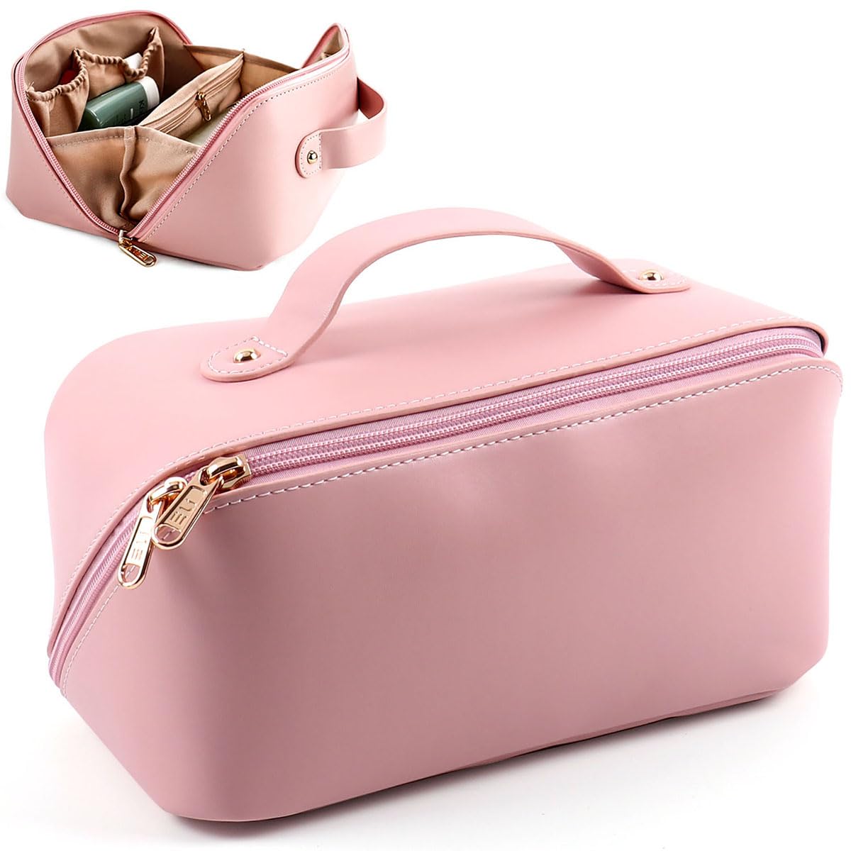 MAMUNU Large Capacity Cosmetic Travel Makeup Storage Bag with Handle Portable Zipper Cosmetic Toiletry Makeup Bag Large with Compartments for Women Girls (Pink) — image 1