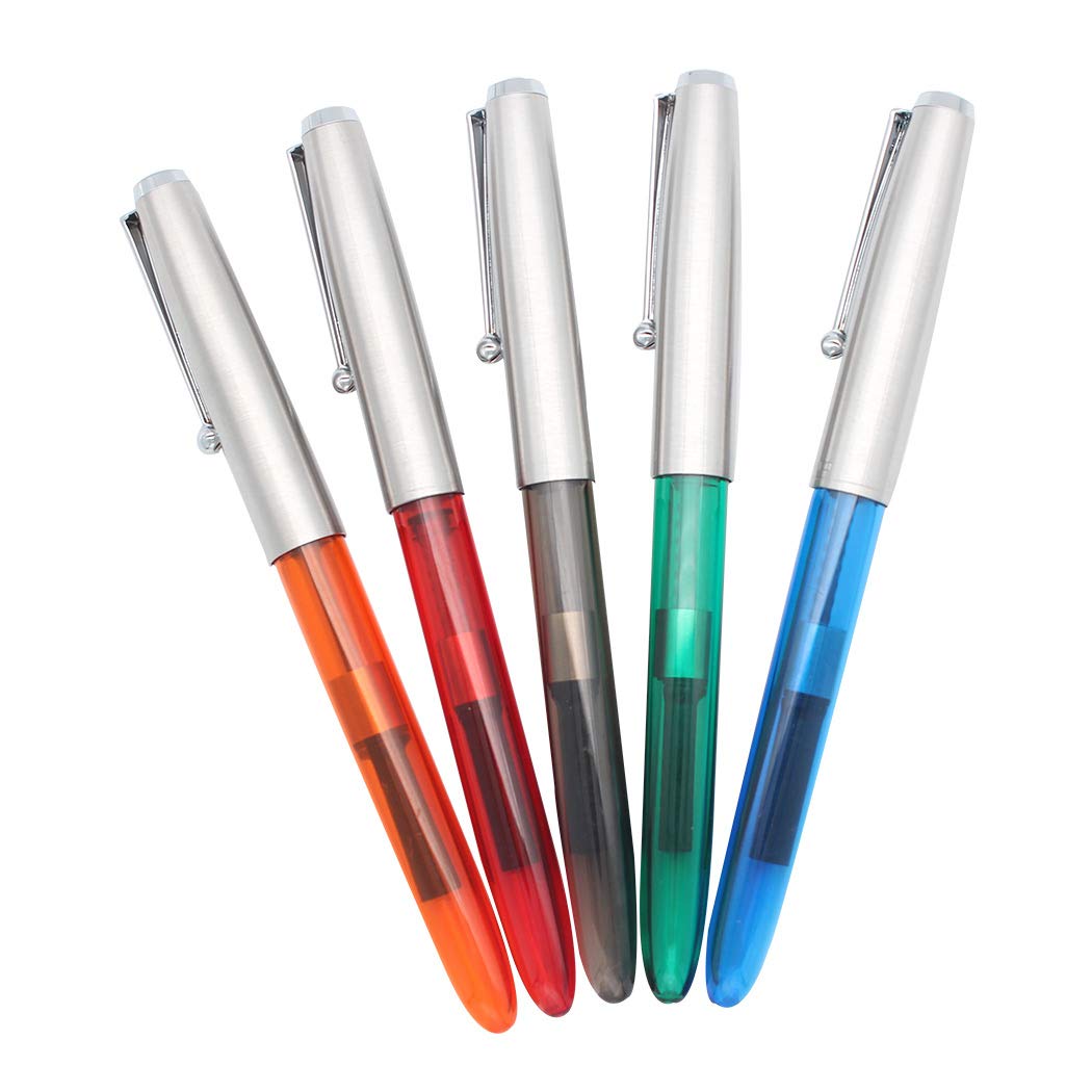 SIPLIV Set of 5 Jinhao 51A Stainless Steel Cap Transparent Pen Fountain Pen Set Stationery School Office Supplies Stationery Gift, EF Nib, Diversity Color(Blue, Green, Grey, Orange, Red)