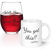 Futtumy Inspirational Gift Set, You Gave It A Good Shot Stemless Wine Glass & You Got This Ceramic Coffee Mug Set for Parents Friends Couples Family on Christmas Anniversary Valentines Daily Use