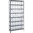 Quantum 1875-SB804CL Heavy Duty Shelving Unit with (8) Shelves and (35) SSB804 Clear Bins for Industrial Warehouse Storage Distribution | 400 lbs Capacity | 18"D x 36"L x 75"H, Galvanized Carbon Steel