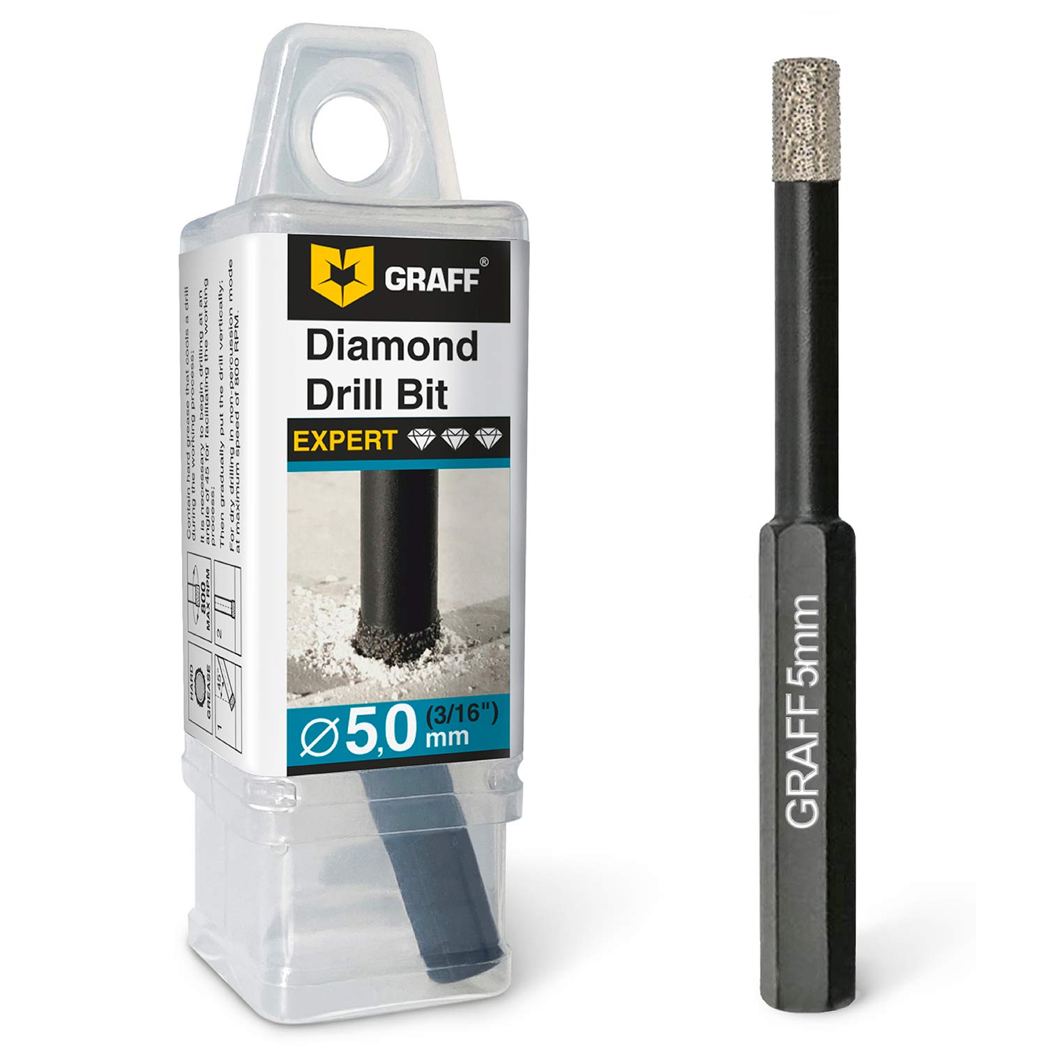 GRAFF Tile Drill Bit 5 mm Diamond Drill Bit for Tile, Porcelain Stoneware, Granite, Ceramic, Stone Drill Bit with Hex Shank