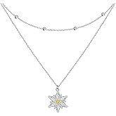FLYOW Layered Choker Necklace S925 Sterling Silver Star Full Moon Daisy Flower Pendant Disc Jewelry Adjustable Clavicle Necklaces for Women Girls Birthday Gifts